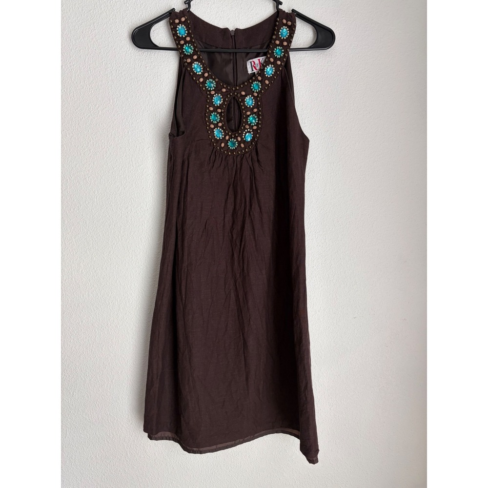Beaded Neckline Brown Mini Dress